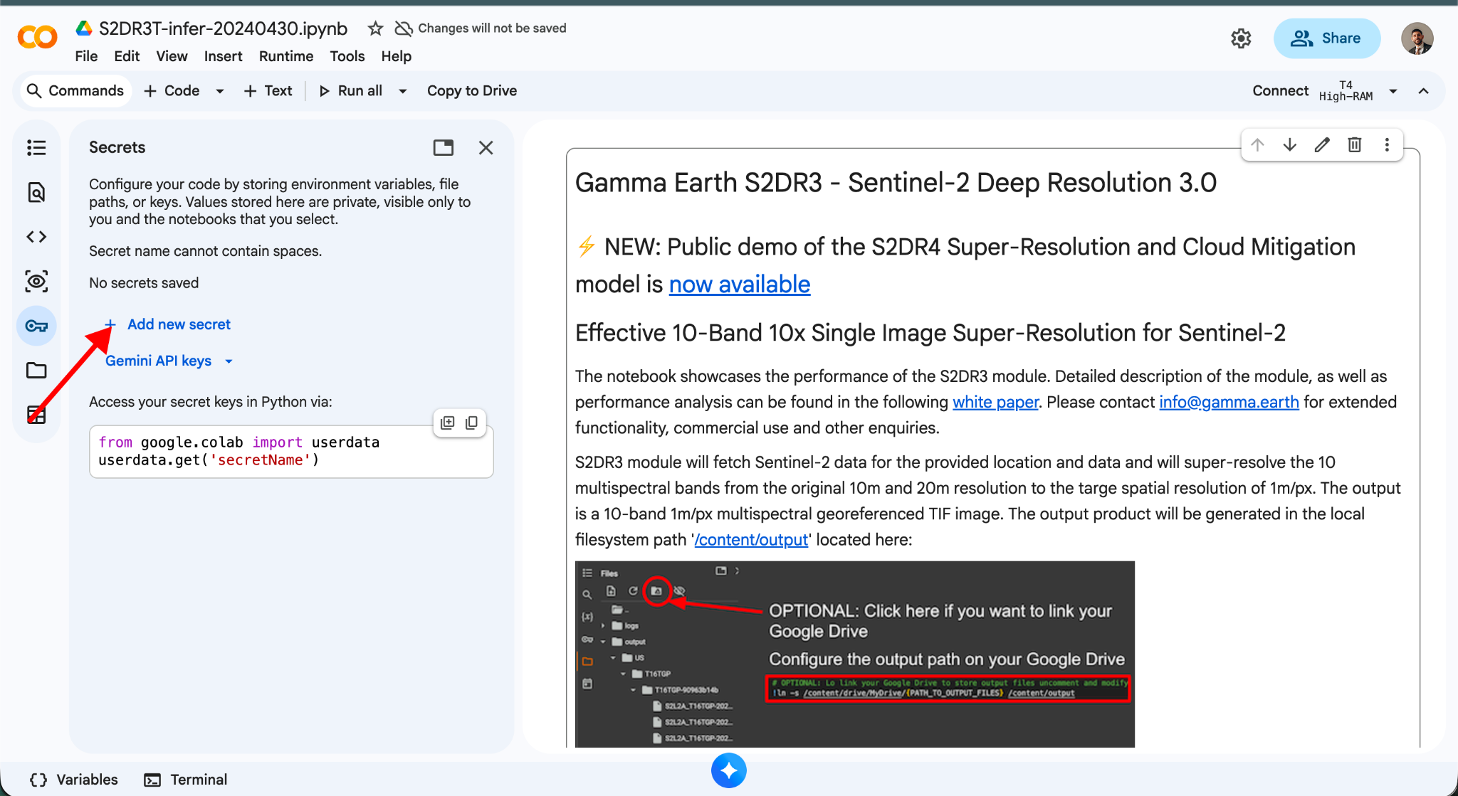 Google Colab Secrets panel with the Add new secret option highlighted