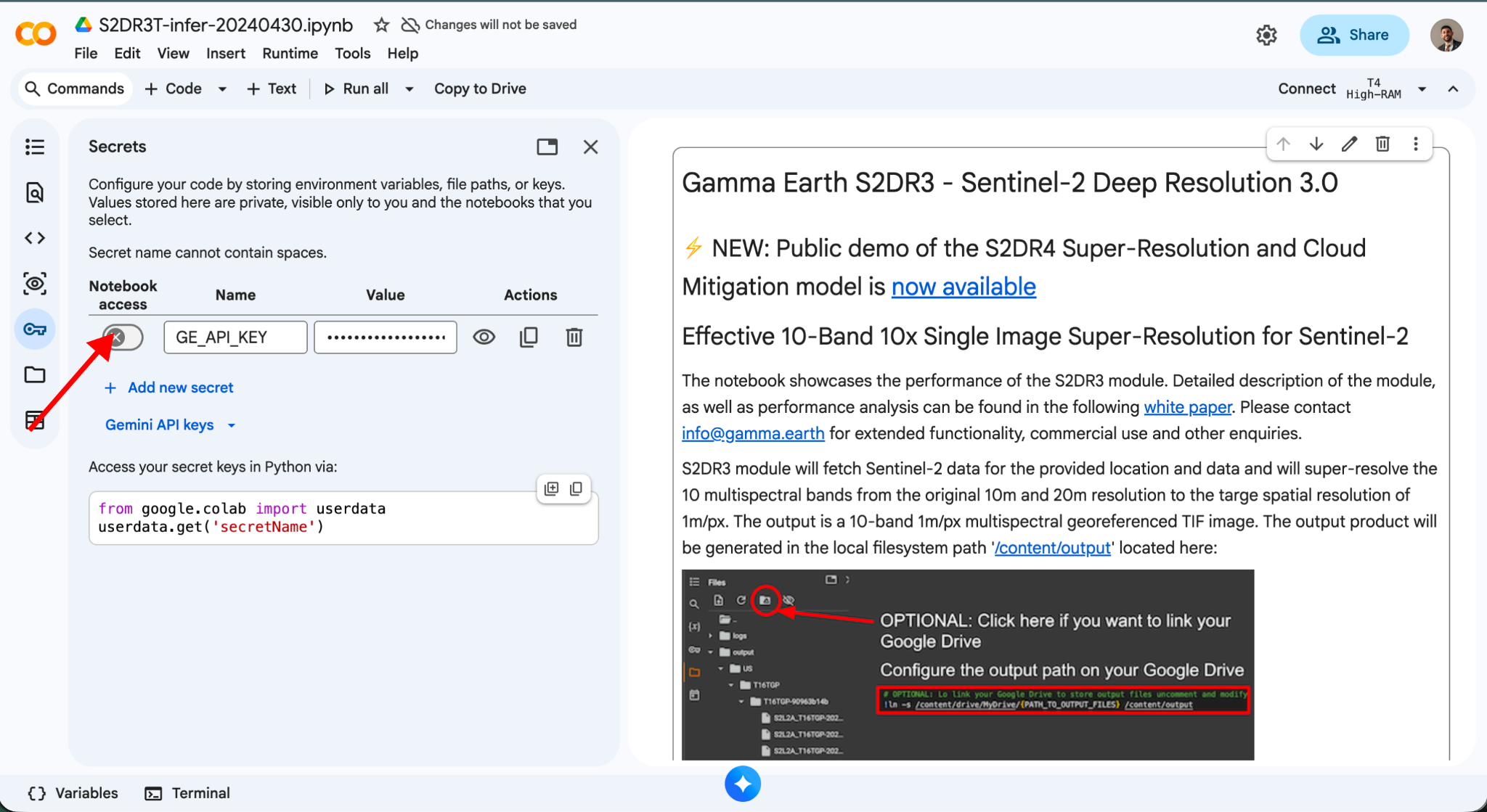 Google Colab Secrets panel showing the GE_API_KEY secret with notebook access enabled
